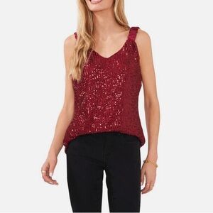 Vince Camuto Dark Red Cranberry Sequin Sleeveless Tank Camisole Holidays Top M